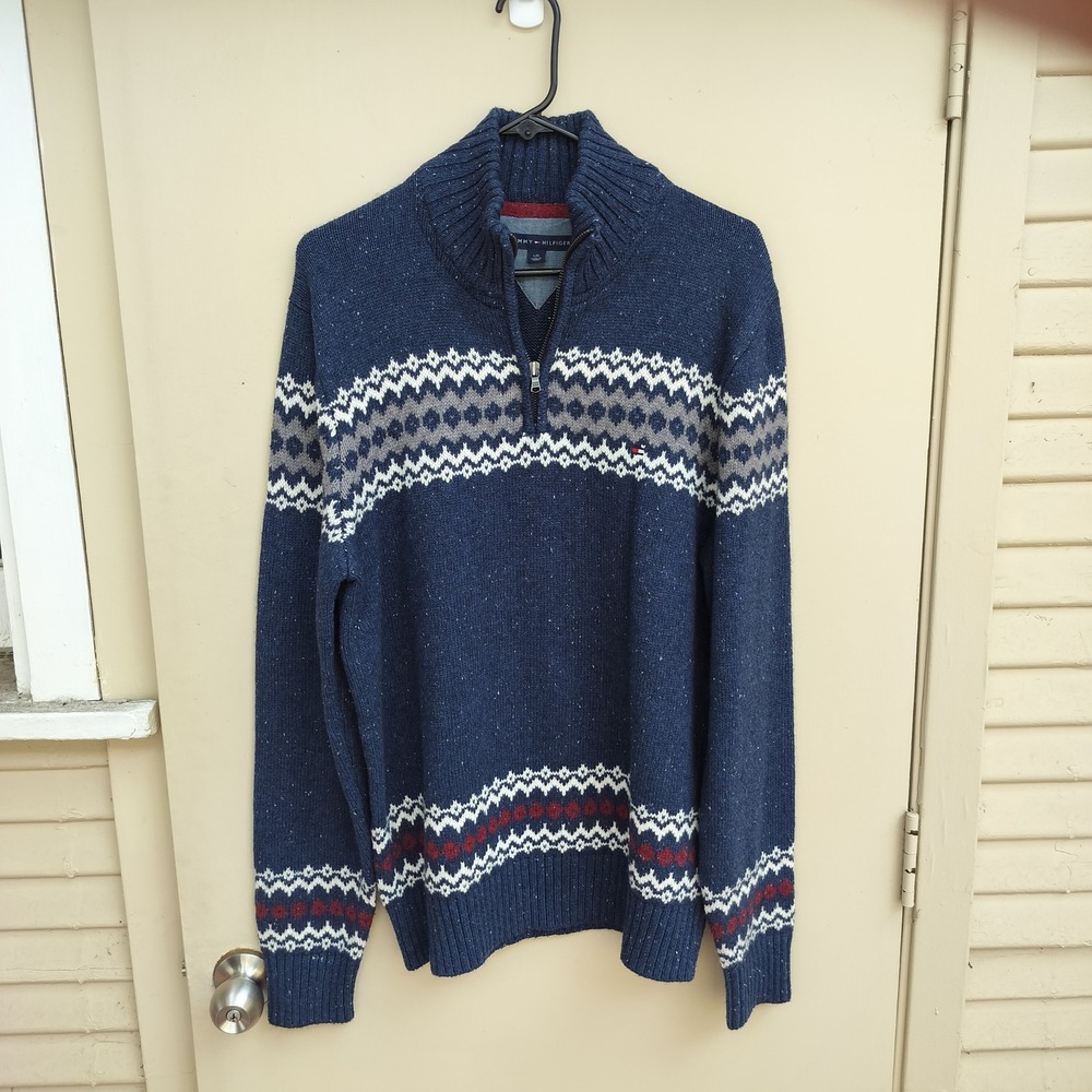 Tommy Hilfiger Men's Blue Fair Isle Knit Half Zip Sweater Size Large